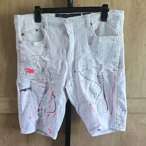 (J41) Men's White Distressed Jean Shorts with Paint Splatter Sz 36